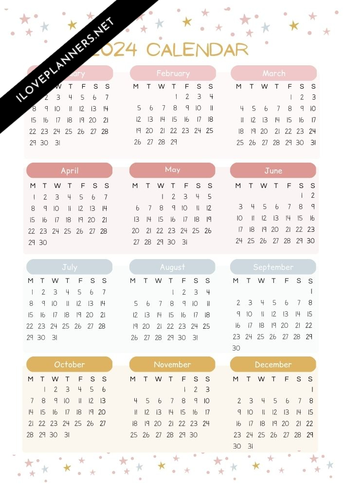 Star calendar 2024 minimalist I Love Planners