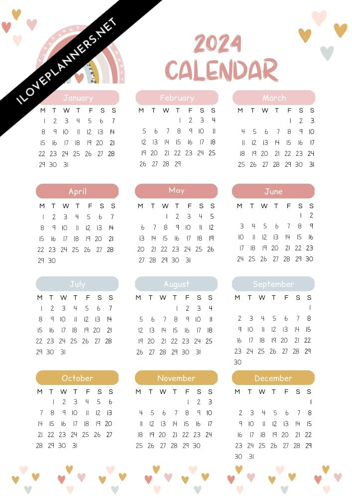 Rainbow minimalist 2024 calendar – I Love Planners