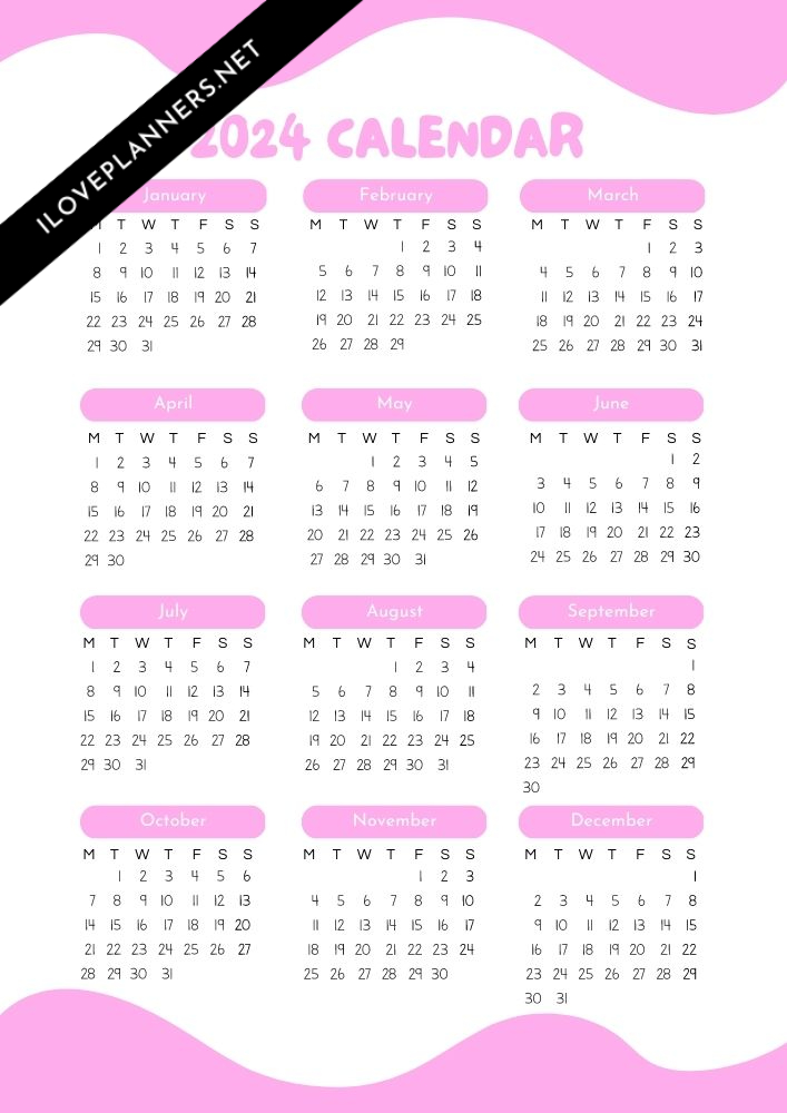 Organic pink 2024 calendar printable I Love Planners