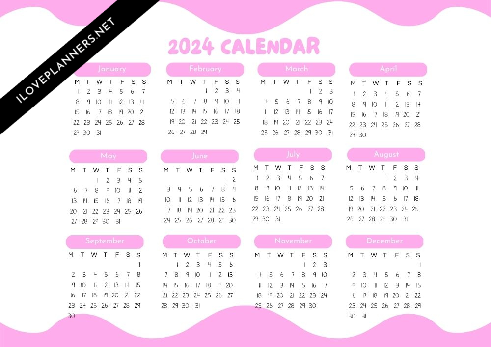 Pink 2024 calendar printable I Love Planners